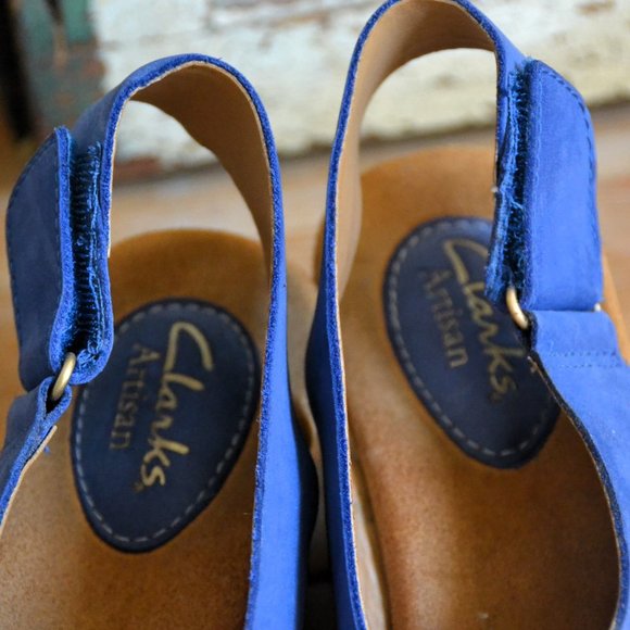 CLARKS Artisan Slingback Blue Leather Wedge Cork Platform Sandals 6.5 6 1/2 - Picture 6 of 8